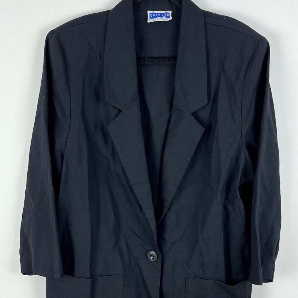 Cape Cod Blazer Jacket Size 16 Black 3/4 Sleeve Single Breasted One Button Pock
